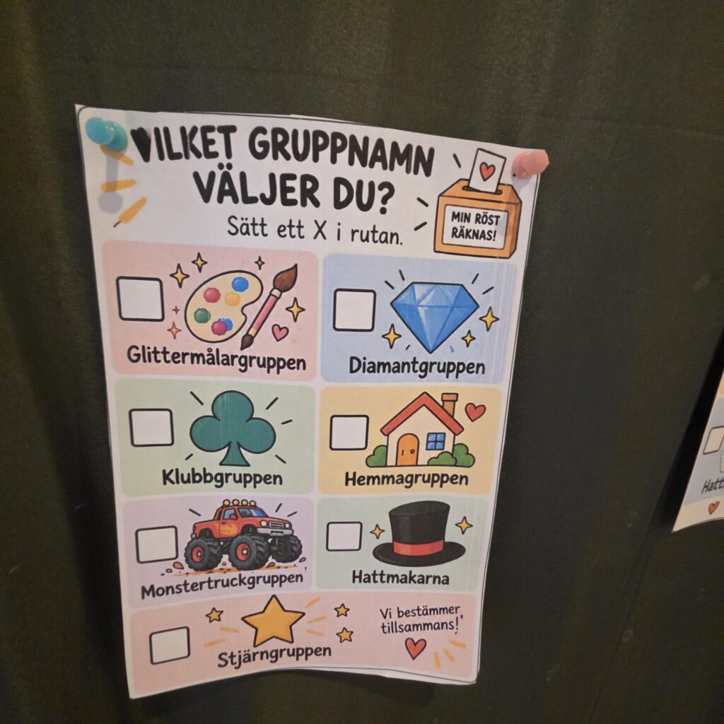 Valsedel med sju gruppnamnsförslag, bland annat Diamantgruppen och Hattmakarna.
