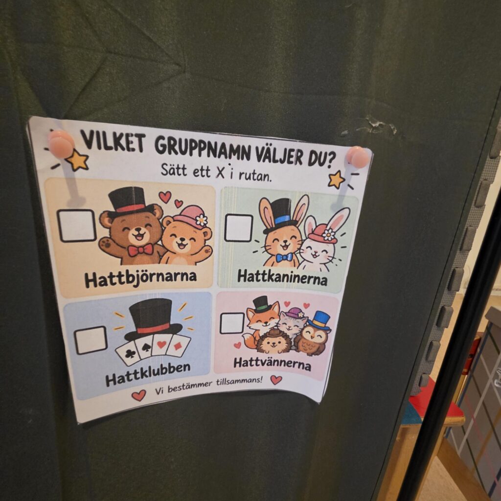 Valsedel med förslagen Hattbjörnarna, Hattkaninerna, Hattklubben och HattvÀnnerna.
