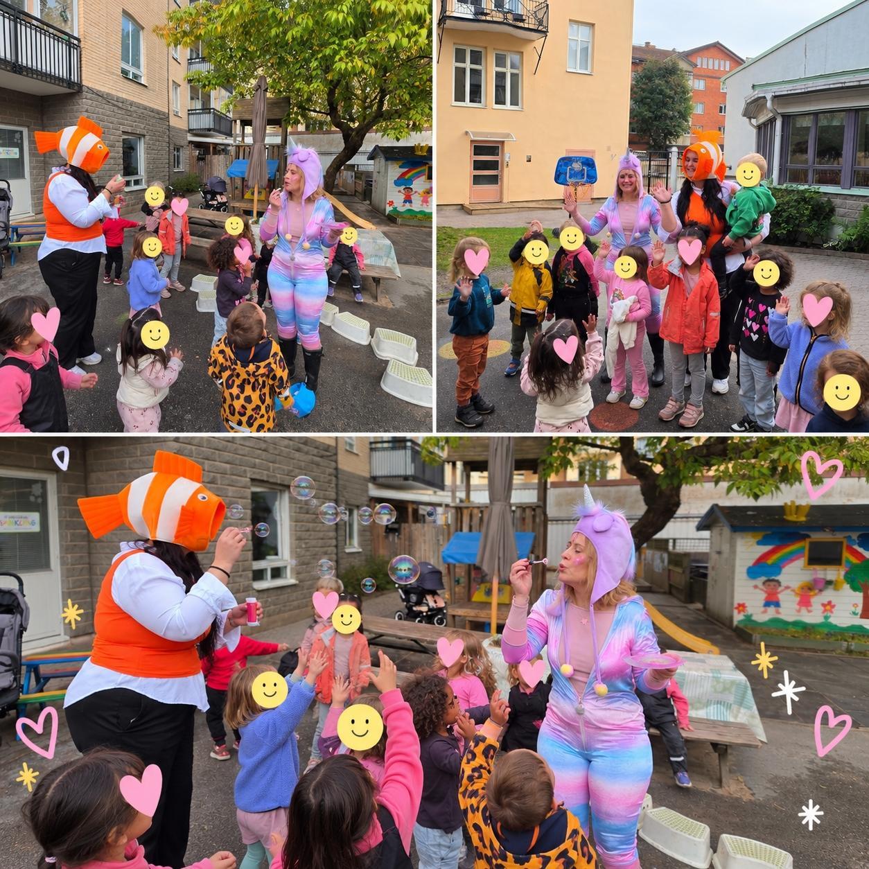 Collage frÄn Corny och Nemos möte med barnen pÄ förskolans gÄrd, med sÄpbubblor och maskerade ansikten.