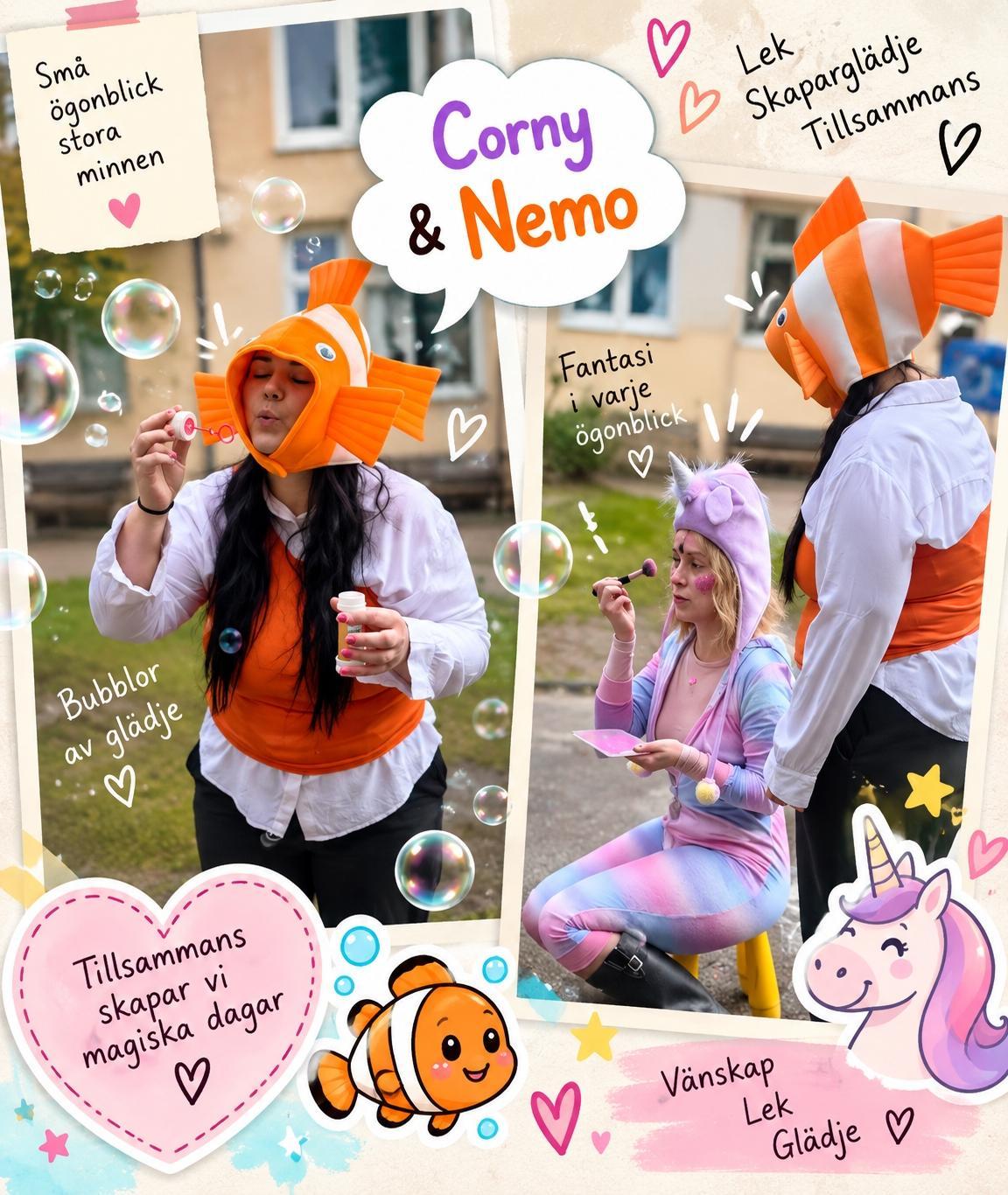 Collage med Corny och Nemo som blÄser sÄpbubblor och leker pÄ förskolans gÄrd.