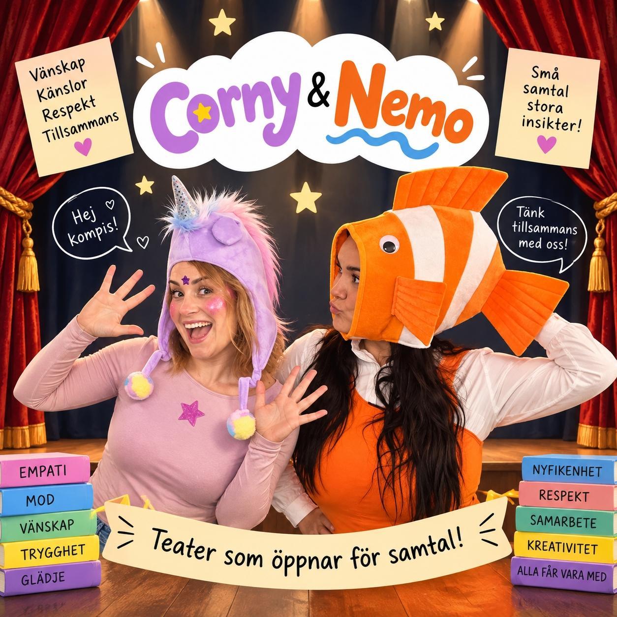 Corny i enhörningsdräkt och Nemo i fiskdräkt på en affisch om vänskap, känslor och teater.