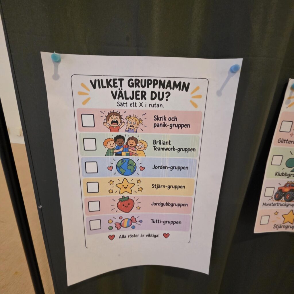 Valsedel med sex gruppnamnsförslag och texten Alla röster Àr viktiga.