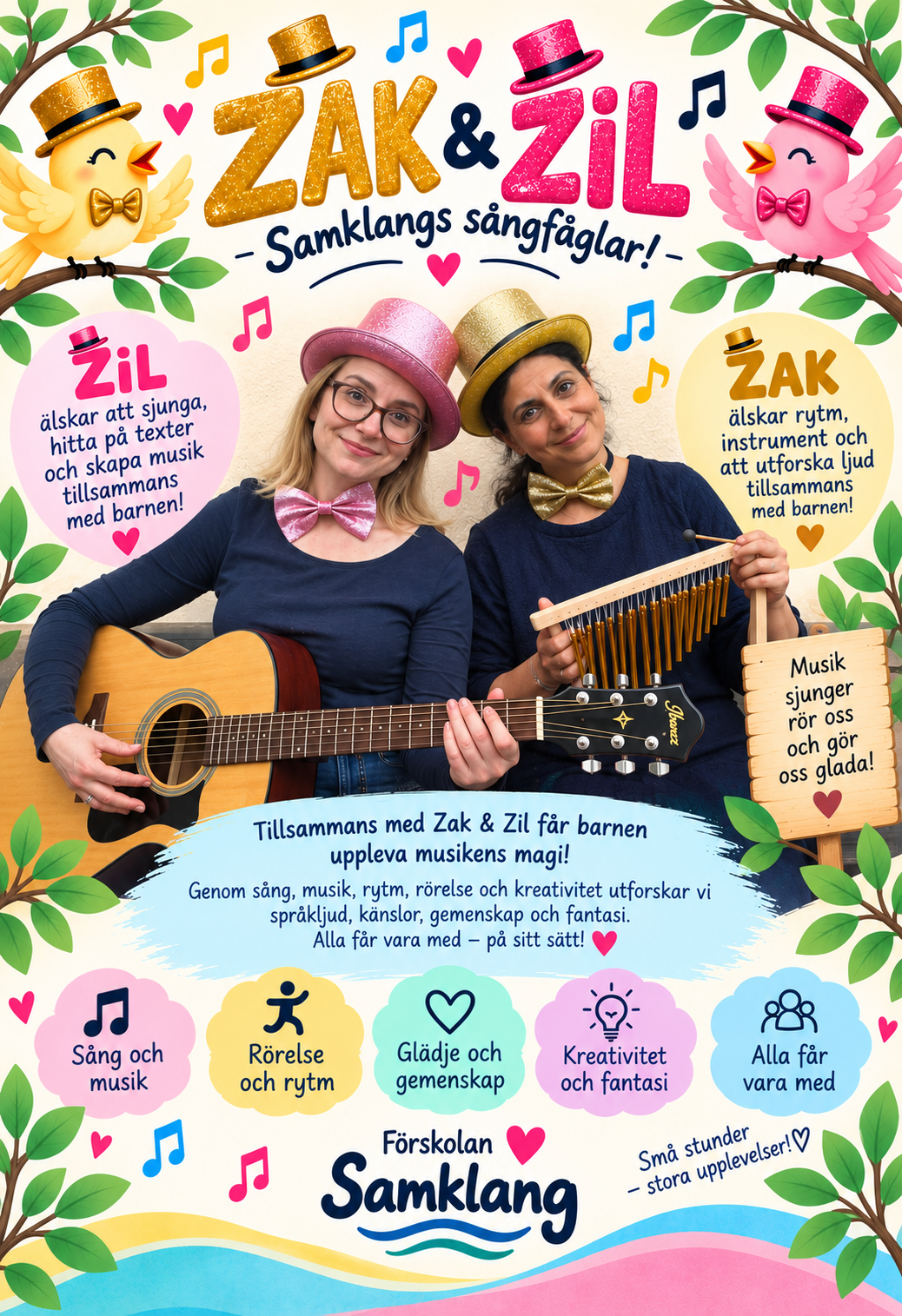 Žak och Žil, Samklangs sångfåglar, på en färgglad affisch med gitarr, instrument och musik.